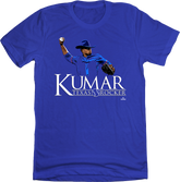 Text: Kumar Rocker Texas-themed baseball T-shirt with a parody of Walker, Texas Ranger logo.